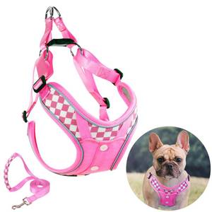 lot 26337 image: Fashion Lovely Dog Harness with Leash Set, No Pull Adjustable Step in Collars Frenchie Harness Vest for Medium Dogs Training and Running (M Pink) - Retail $18