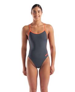 lot 31192 image: ARENA Womens Solid Team MaxLife Sports Swimsuit Lace Back One Piece Racing Bathing Suit Competition Training Athletic Swimwear, AsphaltBright Coral, US Size 32