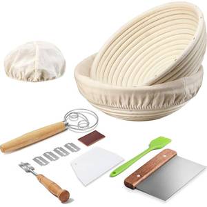lot 32596 image: Dimpola Banneton Bread Proofing Basket Banneton Basket Set Sourdough Proofing Basket Round Proofing Bowls Handmade Rattan Baskets and Liners (2 Round 9 inch Baking Set) - Retail $30