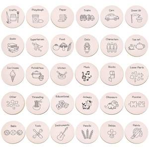 lot 32643 image: BENECREAT 30 Pcs Wooden Decorative Tags, 30 Styles Wooden Label Decals for Nursery Decor Playroom and Bedroom Organization(6.5cm) - Retail $14
