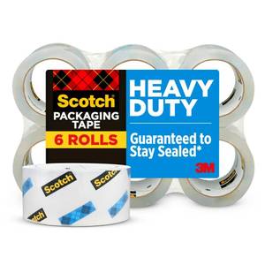 lot 32648 image: Scotch Heavy Duty Shipping Packing Tape, Clear, Shipping and Packaging Supplies, 1.88 in. x 54.6 yd., 6 Tape Rolls - Retail $20