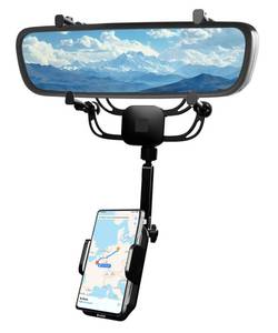 lot 32664 image: Rear View Mirror Phone Holder Solid Metal Arm Car Phone Mount, Universal Fit for iPhone & Android, Foldable 360° Rotation Clip, Sleek Hands-Free Design Stable Mount for Navigation & Calls - Retail $30