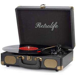 lot 62124 image: Vinyl Record Player 3-Speed Bluetooth Suitcase Portable Belt-Driven Record Player with Built-in Speakers RCA Line Out AUX in Headphone Jack Vintage Turntable - Retail $60