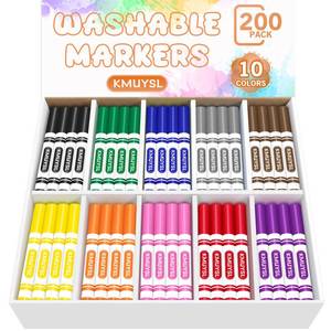 lot 62125 image: KMUYSL 200 Count Washable Markers Bulk, 10 Assorted Colors - Broad Line Conical Tip Coloring Markers for Kids, School Art Supplies & Back to School Supplies, Teacher Classroom Must Haves - Retail $37