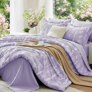 lot 62127 image: MUXHOMO Lavender Purple Bed in a Bag Queen 7 Pieces, Queen Comforter Set Reversible Botanical Flowers Design, Ultra Soft & Breathable Bedding Sets with Comforter, Sheets, Pillowcases & Shams - Retail $62