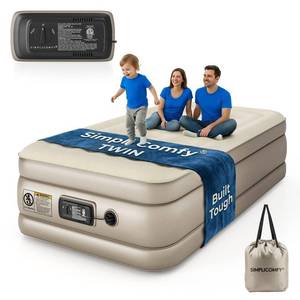 lot 62143 image: Simpli Comfy 18 Raised Double-High Twin Inflatable Air Mattress with Built-in Electric Pump, Fast Self-Inflating Blow Up Air Bed with Waterproof Top for Home and Travel- Retail $60