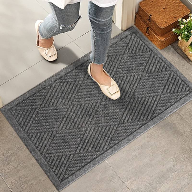 lot 50377 image: HIYARD Sturdy Front Door Mat, Absorbent Muddy Dirt Resist Welcome Door Mats Outdoor Indoor, Stain and Fade Resistant, Non-Slip Rubber Backing Low Profile Doormat for Entryway, 30x17, Grey - Retail $18