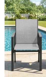 lot 61947 image: Gray Striped Sling Chair with Chrome Frame - Retail $75