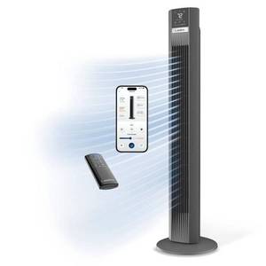 lot 61955 image: Xtra Air 48 in. 12-Speed Smart Tower Fan in Gray w DC Motor, Works w Alexa, Google, Whisper Quiet, Remote, 12 in. Dia - Retail $100