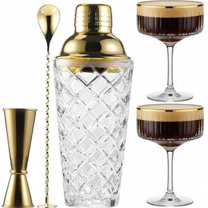 lot 2794 image: Cocktail Shaker Set with Coupe Glasses 5-Piece Gift Set Includes Pineapple Glass Shaker with Gold Lid, Jigger, Bar Spoon &amp 2 Ribbed Gold-Rimmed Glasses Bartender Kit for Home Bar