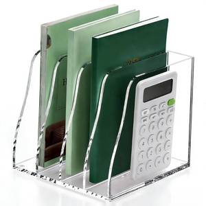 lot 2836 image: YUXUN Clear Acrylic File Folder Holder - 4 Vertical Compartments Desk Document Sorter, Upright Magazine Rack for OfficeHomeClassroom, Stores Documents, Tablets, Magazines, Books & Accessories