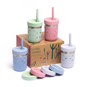 lot 2842 image: Elk and Friends 10oz Stainless Steel Kids  Toddler Drinking Cups  The Original Mason Jar with Sleeves  Lids  Silicone Straws  Smoothies  Storage Jar  Spill Resistant  Dishwasher Safe  4 Pack