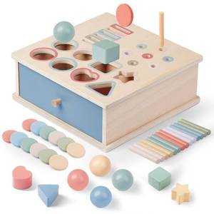 lot 2854 image: Pajojoqa Montessori Toys for 2 3 4 5 Color Sorting - Wooden Object Permanence Box with Drawer Sensory Toys Shape Sorter Education for Baby Toddler Boy Girl Drop Busy Box 4 in 1