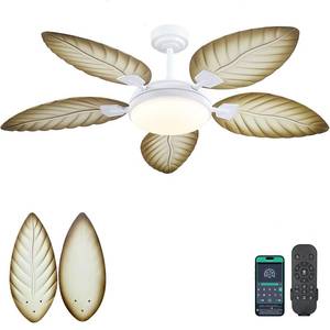 lot 2862 image: PHORUS 52 Palm Leaf Ceiling Fans with Lights, Outdoor Tropical Ceiling Fans with Remote for Patios Living Room, Dimmable, 6 Speeds, Reversible, Wood Grain