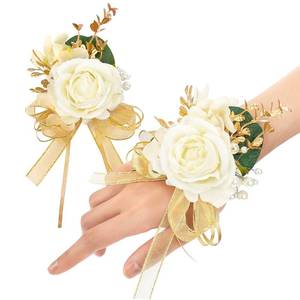lot 2868 image: Ayieyill Ivory Rose Wrist Corsage Wristlet Band Bracelet and Boutonniere Set for Men Women Bride Bridesmaid Wedding Prom Flowers Accessories (A-Boutonniere & Wrist Corsage)