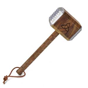 lot 2882 image: getDigital Mj�lnir Meat Tenderizer Tool - Thors Hammer Kitchen Helper for Tenderizing Steak - Acacia Wood with Dual-Sided Aluminum Caps and Runes Decoration