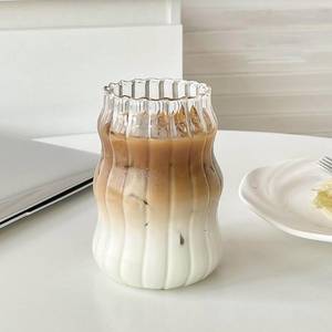 lot 2884 image: Dxmimer Vintage Ribbed Glassware Water Tumbler, 18 oz Aesthetic Ripple Glass Tumbler, Ripple Glassware Coffee Cup, Cute Glass Tumbler for Iced Coffee Juice Drink Milk (big stripes-Small Mouth)