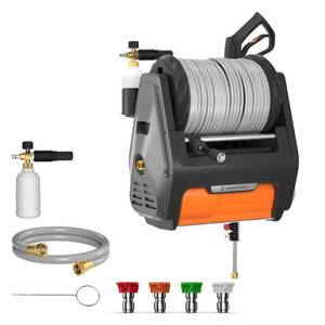 lot 2899 image: Giraffe Tools Grandfalls Retractable Pressure Washer Pro, Wall Mount Pressure Washer, Electric Power Washer, Automatic Rewind, Max 2900PSI 2.2GPM, Dark Silver Case with 50ft Water Hoses