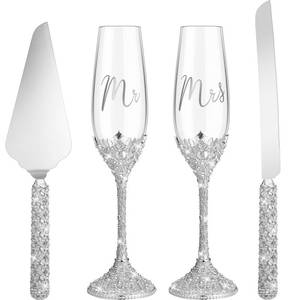 lot 2900 image: Sratte 4 Pcs Wedding Cake Knife and Champagne Flutes Server Set, Toasting Crystal Rhinestone Champagne Flutes Glasses Cake Knife Pie Server Wedding Gifts for Couple Bride Groom(Silver)