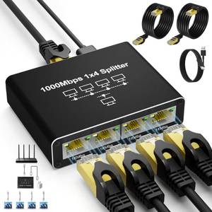lot 3004 image: Ethernet Splitter 1 to 4, Kit with 2 LAN Cable Cat6, 1000Mbps High-Speed RJ45 LAN Splitter Adapter to Connect 4 Devices Simultaneously, USB Powered RJ45 Network Extension for Cat8765e5 Cable