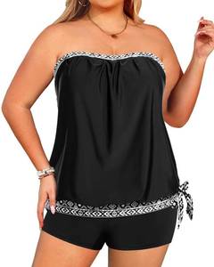lot 3015 image: Tempt Me Plus Size Tankini Swimsuits for Women Bandeau Two Piece Bathing Suit Top with Shorts Blouson Swimwear Geometric 20W