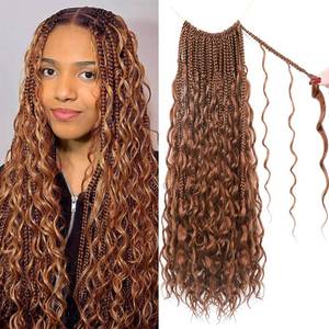 lot 3025 image: 9 Packs Boho Box Braids Crochet Hair 24 Inch Pure Protein Fiber Similar to Human Hair Goddess Box Braids Crochet Hair With Curly Ends Pre Looped Bohemian Braid Hair Extension For Women(24 Inch,30#)