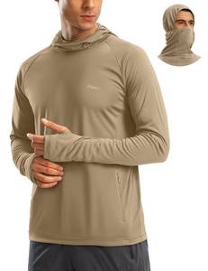lot 3028 image: Pudolla Mens Sun Protection Hoodie UPF 50 Fishing Hiking Shirt UV Shirts with Mask for Men Long Sleeve Lightweight(Khaki Large)
