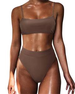 lot 3029 image: MOSHENGQI Women High Waisted High Cut Bikini Push Up Bandeau Swimsuits (L, Cocoa Brown)