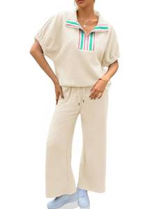 lot 3035 image: Cicy Bell Womens 2 Piece Outfits Textured Color Block Half Zipper Puff Short Sleeve Tops Cropped Wide Leg Pant Lounge Sets Beige 8
