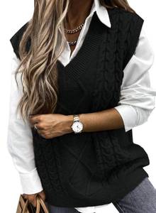 lot 3037 image: EVALESS Womens Black Sweater Vest V Neck Sleeveless Pullover Sweater Sweaters for Women Cable Knit Solid Color Loose Casual Soft Sweater Small