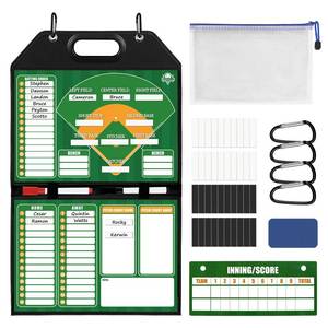 lot 3046 image: Magnetic Baseball Lineup Board for Dugout  Leather Cover, Foldable Coaching Board for Baseball & Softball with Carry Handle, Includes 40 Lineup Cards,Scoreboard, 2 Markers, Eraser, 4 Carabiners & Bag