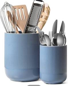 lot 3052 image: LE TAUCI Utensil Holder for Kitchen Counter, 7.35.4 Fluted Ceramic Utensil Crock Organizer for Countertop, Heavy Large Holder for Spatulas, Spoons, Set of 2, Dusty Blue