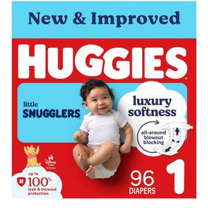 lot 3057 image: Huggies Size 1 Diapers, Little Snugglers Baby Diapers, Size 1 (8-14 lbs), 96 Count, Packaging May Vary