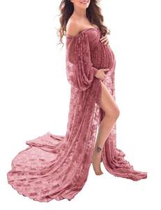 lot 3081 image: Saslax Lace Off Shoulder Doubly Split A-line Skirt Maternity Dress Soft Stretchy Pregnancy Prop Maxi Gown for Photoshoot Photography Antique Rose Medium