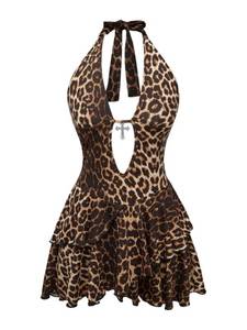 lot 3083 image: SOLY HUX Womens Leopard Print Halter Dress Y2k Gothic Deep V Cheetah Tie Backless Layered Ruffle Mini Dresses Brown Leopard Medium