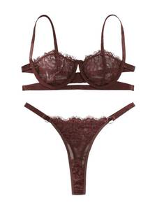 lot 3085 image: Lilosy Sexy Eyelash Underwire Floral Lace Sheer O Ring Linked Cutout Lingerie Set 2 Piece Women Push Up See Through Matching Bra Panty Underwear Eyelash Coffee Small