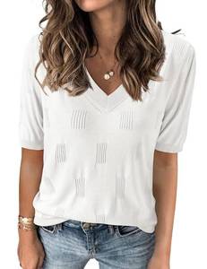 lot 3087 image: Zeagoo Womens Short Sleeve Sweaters Soft Casual V Neck Pullover Tops Lightweight Knit Sweater Blouse White S