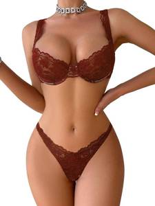 lot 3089 image: Lilosy Sexy Floral Lace Scallop Underwire Push Up Sheer Lingerie Set Outfits Women See Through Match Thong Bra and Panty 2 Piece Brown Medium