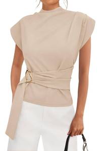 lot 3090 image: PRETTYGARDEN Women Blouses Spring Dressy Cap Sleeve Mock Neck Work Shirts Buckle Tunic Summer Business Casual Tops 2026(Beige,Large)