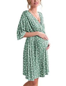 lot 3092 image: Ekouaer 3 in 1 LaborDeliveryHospital Gown Maternity Dress Nursing Nightgown Sleepwear for Breastfeeding, Green Dandelion, Large