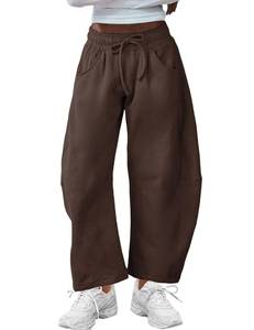 lot 3099 image: SeekMe Womens Barrel Leg Sweatpant Drawstring Elastic Waisted Wide Leg Pants Casual Cotton Palazzo Trousers with Pockets (0009-DarkBrown-M)