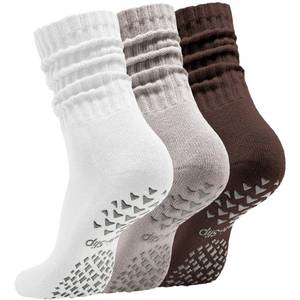 lot 3107 image: Acomono Womens Pilates Socks with Grips 3 Pairs Scrunch Crew Non-Slip Yoga Barre Workout Hospital Slipper Slouch Socks (US, Numeric, 5, 11, Regular, Regular, WhiteKhakiBrown)