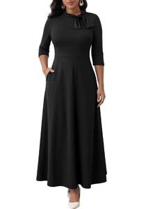 lot 3116 image: FANDEE Maxi Dress for Women Long Elegant A Line 34 Sleeve Bow Tie Neck Casual Party Church Dresses with Pockets Black XL