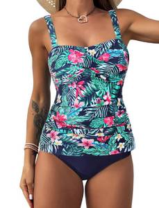 lot 3117 image: ZAFUL Tankini Swimsuits for Women Tummy Control Full Coverage High Waisted Twist Front Ruched 2 Piece Bathing Suit 0-Blue Floral L