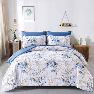 lot 3121 image: WONGS BEDDING Blue Comforter Set Full, 7 Pieces Botanical l Reversible Bed in a Bag Golden Blue Leaves Bedding Set Soft Microfiber (1 Comforter,2 Pillowcase,2 Pillow Shams,1 Flat Sheet,1 Fitted Sheet)