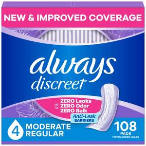lot 3148 image: Always Discreet Adult Incontinence Pads for Women, Drier, 4 Drop Regular Length, Moderate Absorbency, Pads for Bladder Control Management, Bladder Leaks, & Postpartum Pads, 108ct