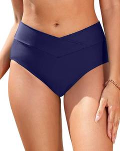 lot 3151 image: Women V Cut Full Coverage Bikini Bottom - High Waist Swim Bathing Suit Bottoms Cross V Front Swimsuit Navy Blue L