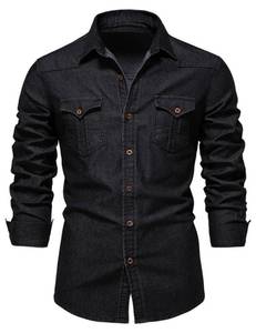 lot 3153 image: Kissonic Mens Denim Shirt Long Sleeve Button Down Shirt Lapel Jean Shirt Slim Fit Washed Denim Shirts with Chest Pockets(Black-L)