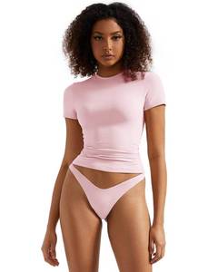 lot 3156 image: SUUKSESS Women Double Lined Fitted Basic Tee Shirts Crew Neck Short Sleeve Y2K Going Out Crop Tops (Blush, L)