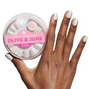 lot 3220 image: Olive & June Instant Mani Press-On Nails (Glue)  42 Fake Nails, 21 Sizes  Non-Toxic Long-Lasting Recycled Materials Realistic Look  Salon-Quality at Home  Extra Short, Round  White Chrome